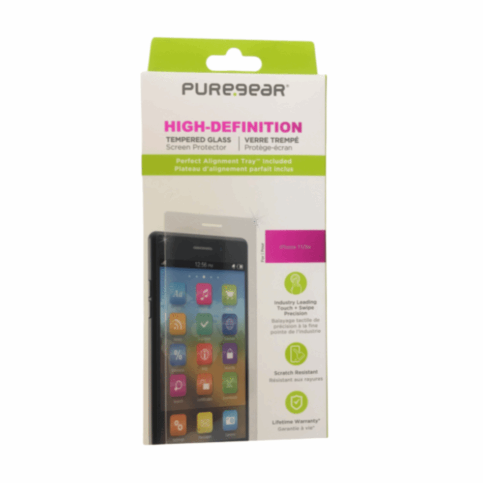 PureGear HD Tempered Glass Screen Protector for Apple iPhone 11/XR, showcasing its ultra-thin design and clarity.