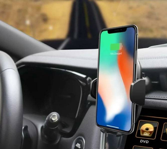 Black Qi Wireless Car Charger Phone Holder mounted in a car, showcasing its sleek design and adjustable features.