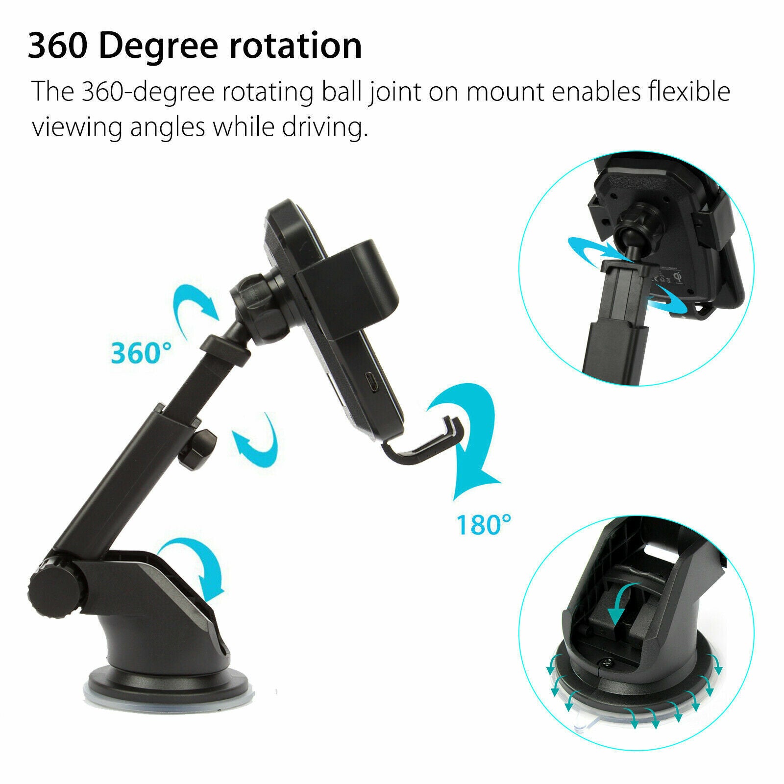 Qi Wireless Fast Charging Car Charger Mount Holder Stand 2 in 1, designed for easy phone charging and secure holding in vehicles.