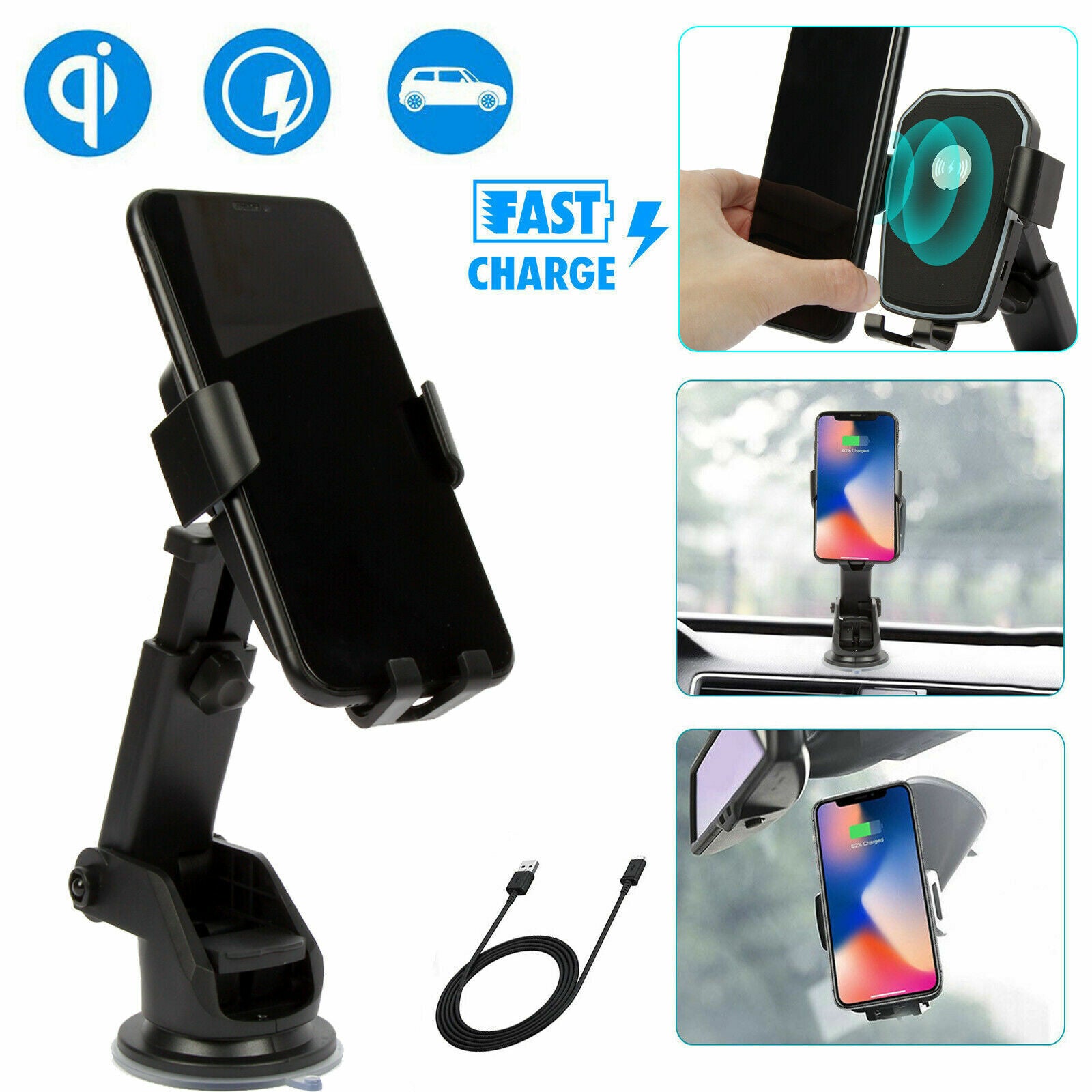 Qi Wireless Fast Charging Car Charger Mount Holder Stand 2 in 1, designed for easy phone charging and secure holding in vehicles.
