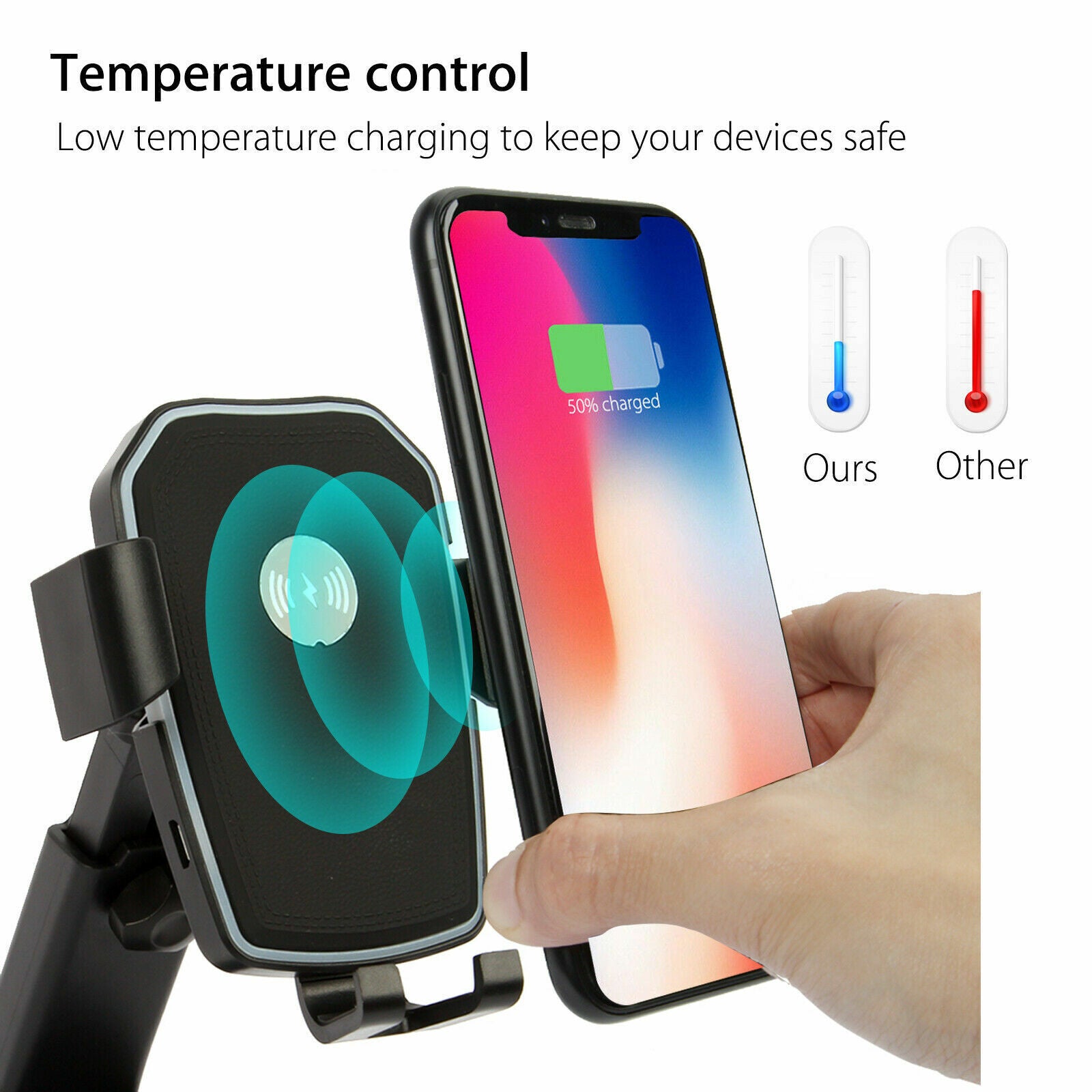 Qi Wireless Fast Charging Car Charger Mount Holder Stand 2 in 1, designed for easy phone charging and secure holding in vehicles.