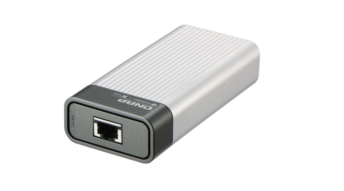 QNAP Thunderbolt 3 to 10GBase-T Network Adapter with Thunderbolt 3 cable, showcasing its compact design and connectivity ports.