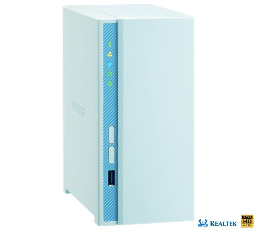 QNAP TS-230 NAS with dual bays and Realtek quad-core processor, showcasing its compact tower design and connectivity ports.