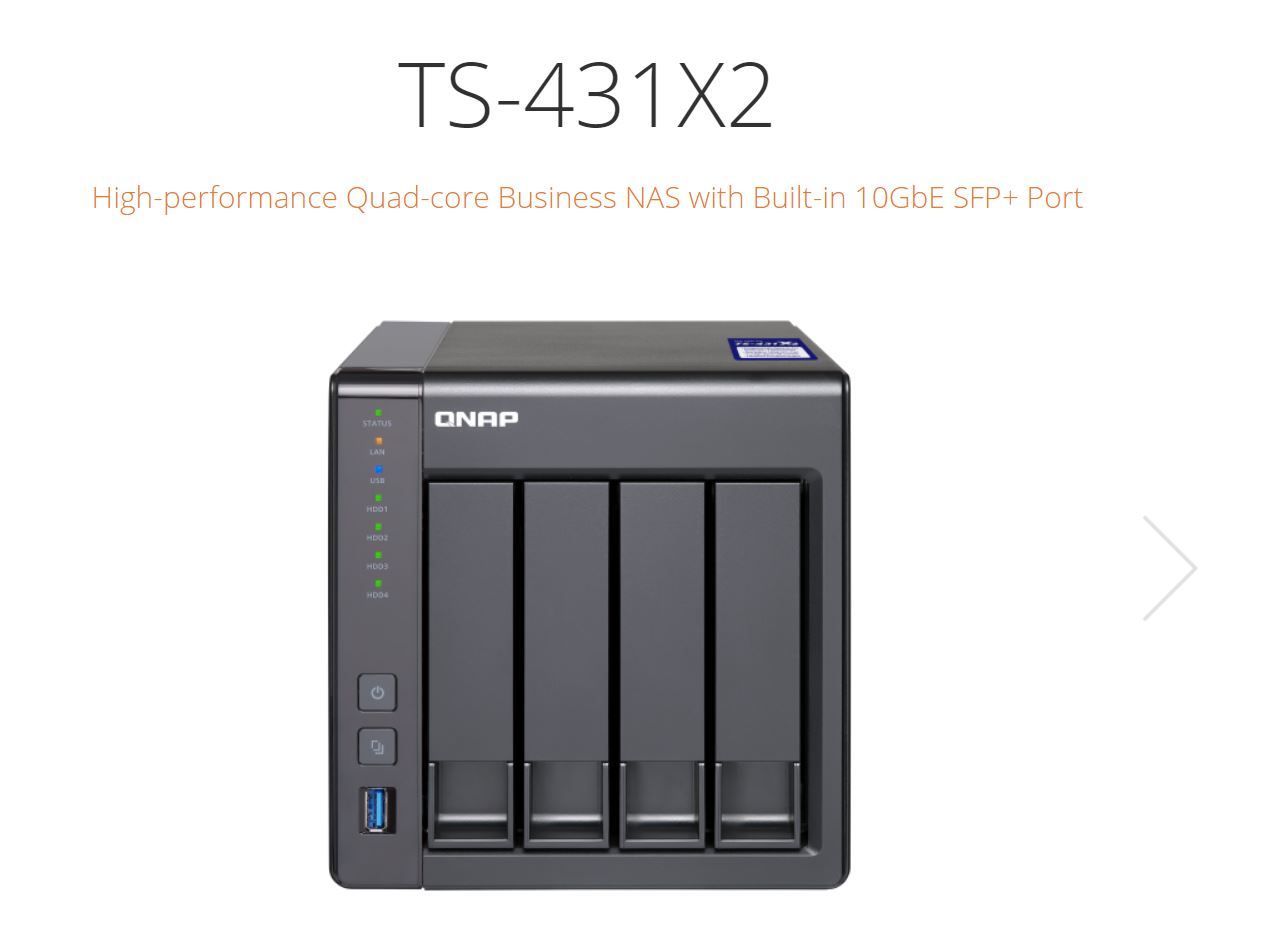 QNAP TS-431X2-8G 4-bay NAS server with sleek design and multiple connectivity options.