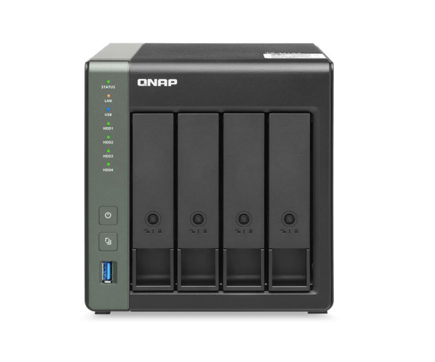 QNAP TS-431X3-4G NAS with four drive bays and multiple ports for high-speed data transfer.