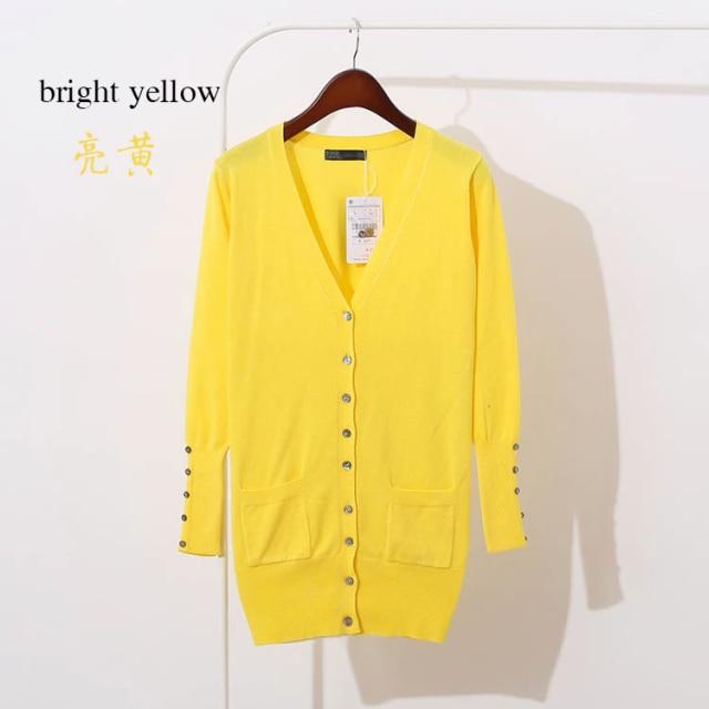 Quality Guarantee Spring Autumn Women Shell Button Cardigan in solid knit, featuring pockets and a V-neck collar, perfect for casual wear.