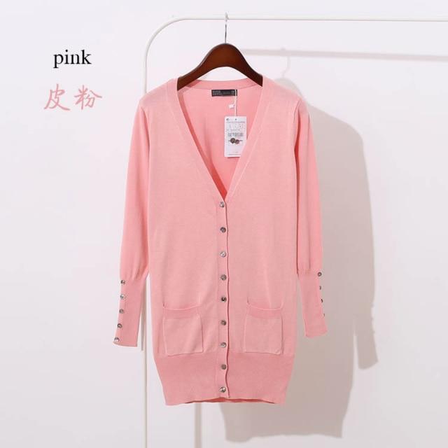 Quality Guarantee Spring Autumn Women Shell Button Cardigan in solid knit, featuring pockets and a V-neck collar, perfect for casual wear.