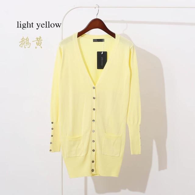 Quality Guarantee Spring Autumn Women Shell Button Cardigan in solid knit, featuring pockets and a V-neck collar, perfect for casual wear.