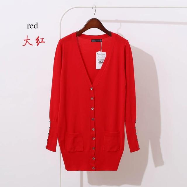 Quality Guarantee Spring Autumn Women Shell Button Cardigan in solid knit, featuring pockets and a V-neck collar, perfect for casual wear.