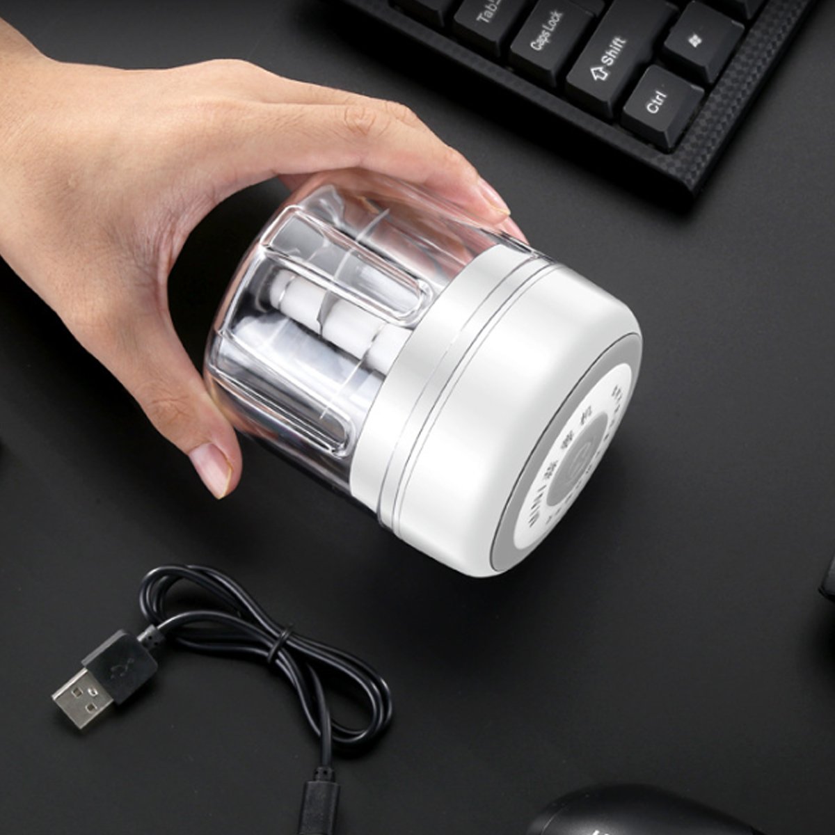 Quick Chop Powered Herbs, Veggie Chopper and Salsa Maker with USB charger and non-slip grip base, ideal for chopping vegetables and herbs.