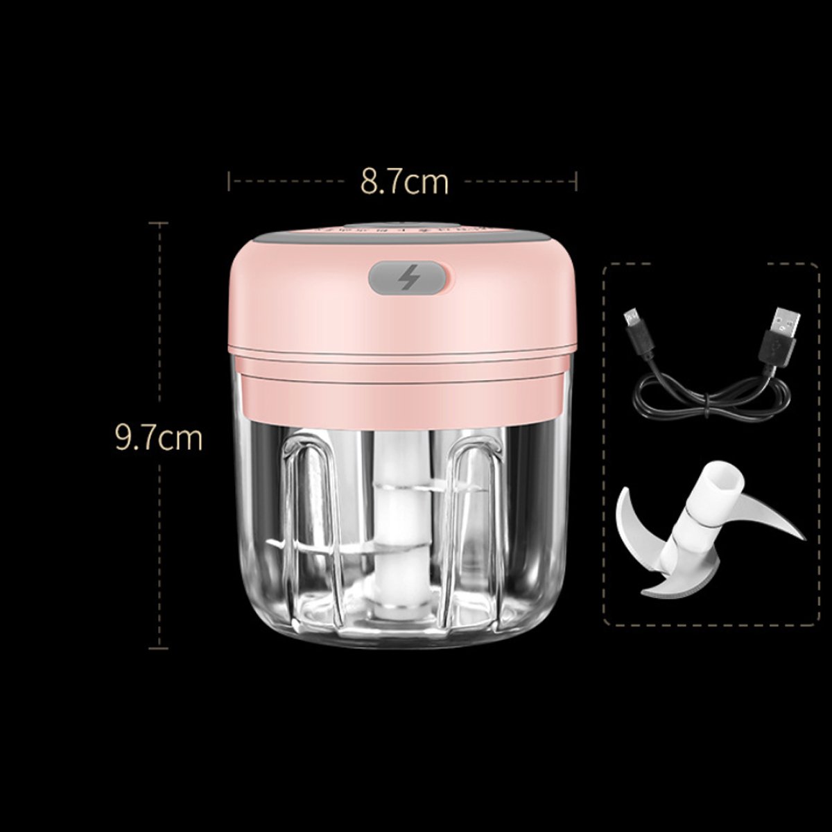 Quick Chop Powered Herbs, Veggie Chopper and Salsa Maker with USB charger and non-slip grip base, ideal for chopping vegetables and herbs.