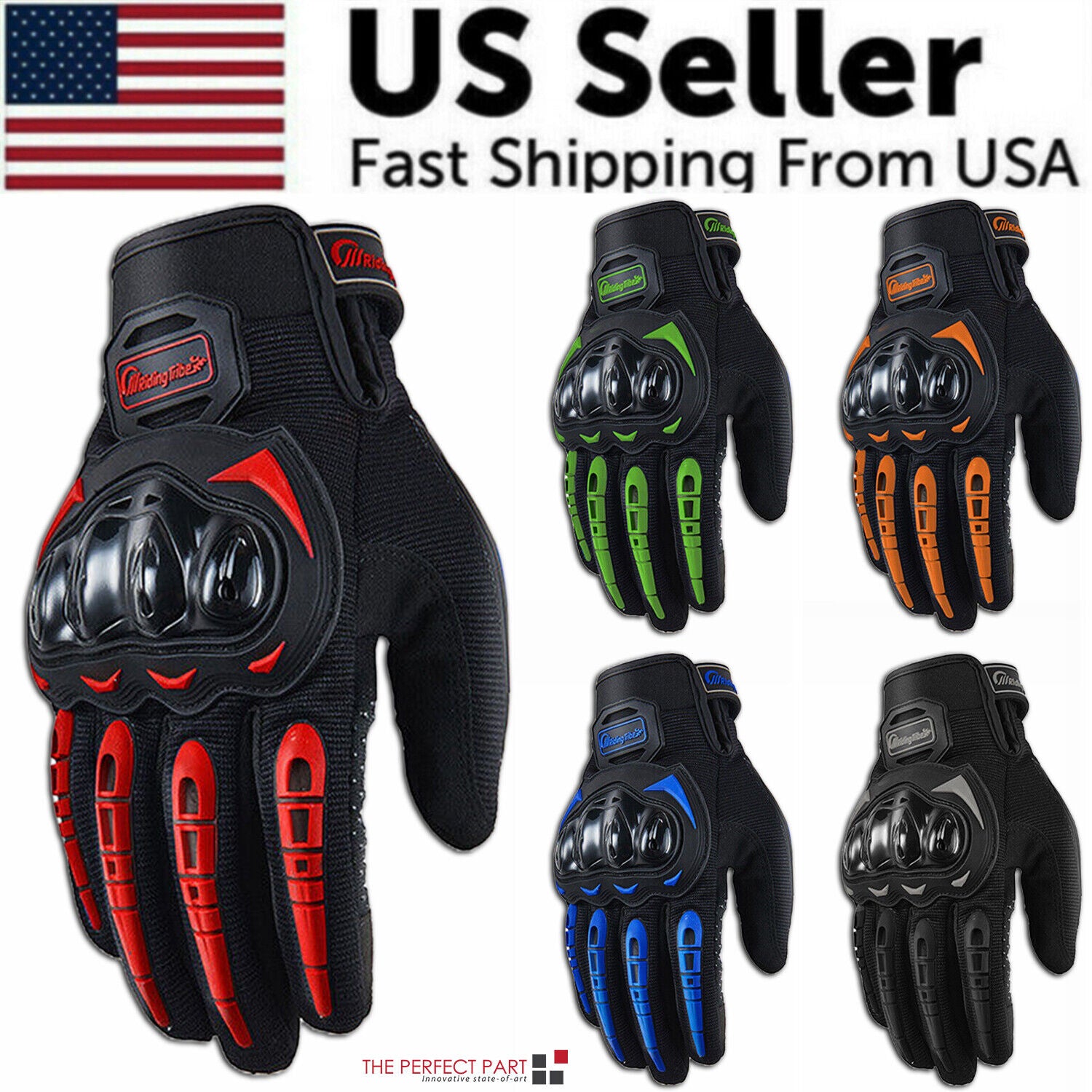 Racing Motorcycle Full Finger Gloves with hard knuckle armor, designed for motocross and dirt bike riding, featuring breathable mesh and touchscreen capability.