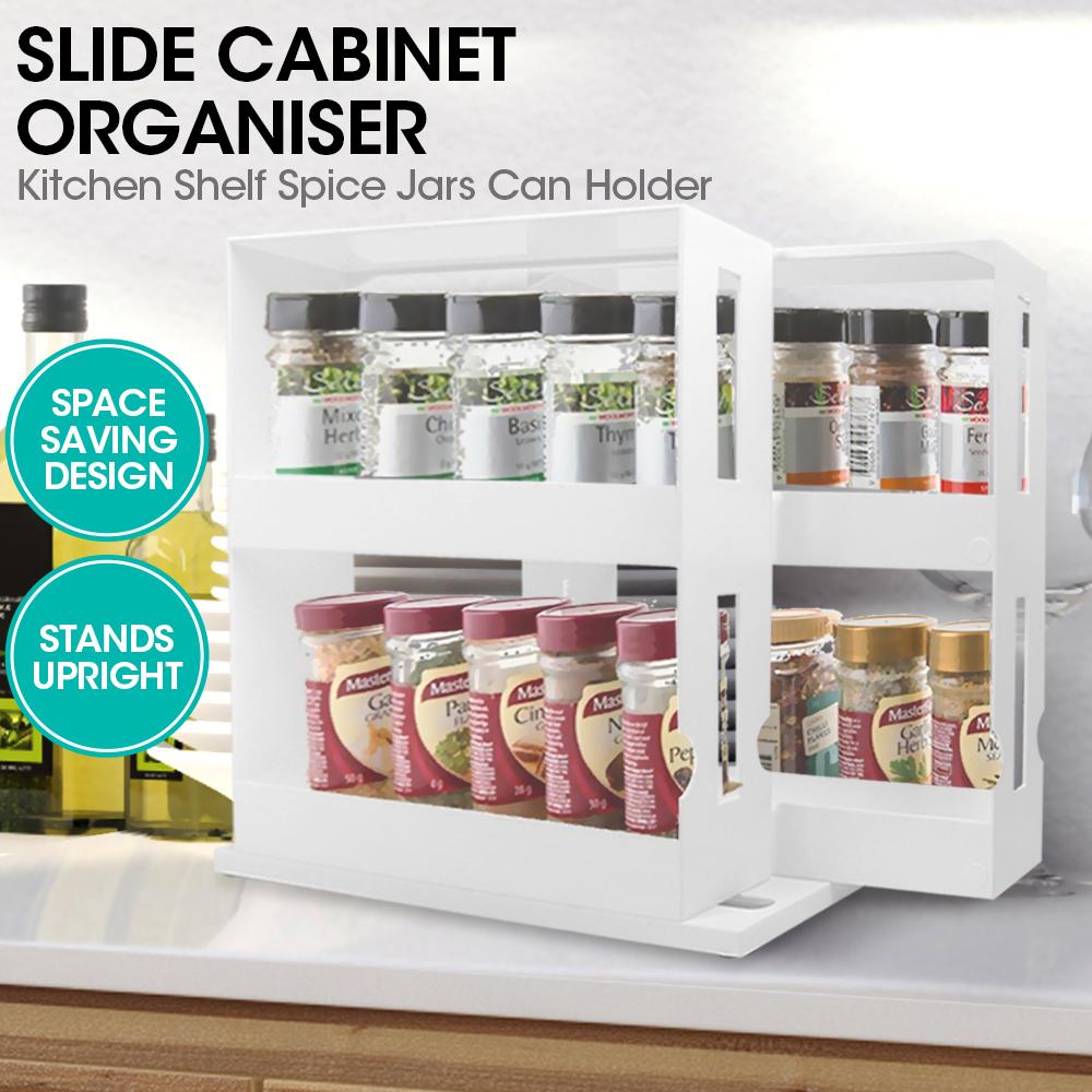 White Rack Storage Slide Cabinet Organiser for spice jars and small containers, featuring a user-friendly slide-out design.