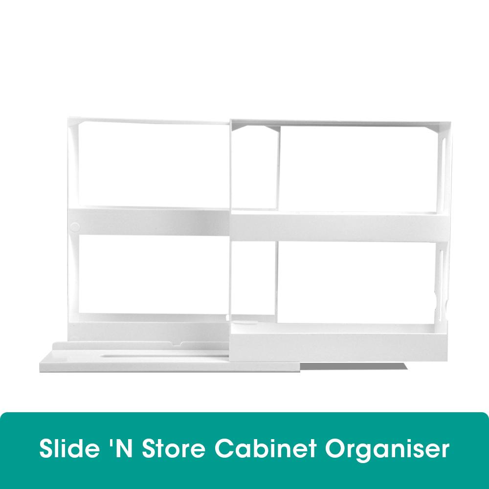 White Rack Storage Slide Cabinet Organiser for spice jars and small containers, featuring a user-friendly slide-out design.