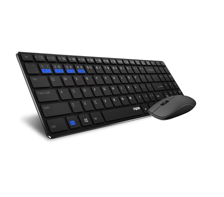 RAPOO 9300M Bluetooth & 2.4G Wireless Multi-mode Keyboard Mouse Combo in black, showcasing its ultra-slim design and chiclet keys.