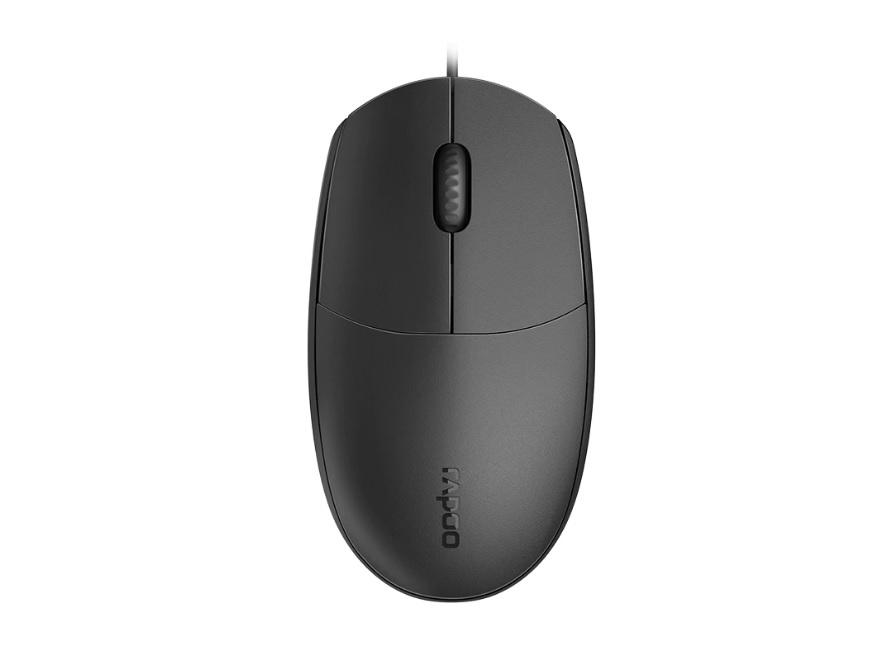 RAPOO N100 Wired USB Optical Mouse in black, showcasing its ergonomic design and anti-slip scroll wheel.