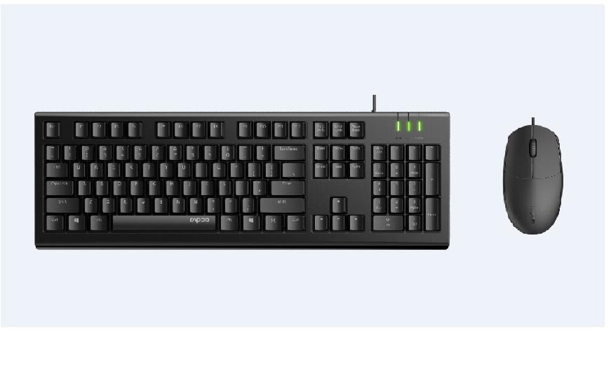 RAPOO X120pro Wired Keyboard and Mouse Combo in black, showcasing spill-resistant design and laser carved keycaps.