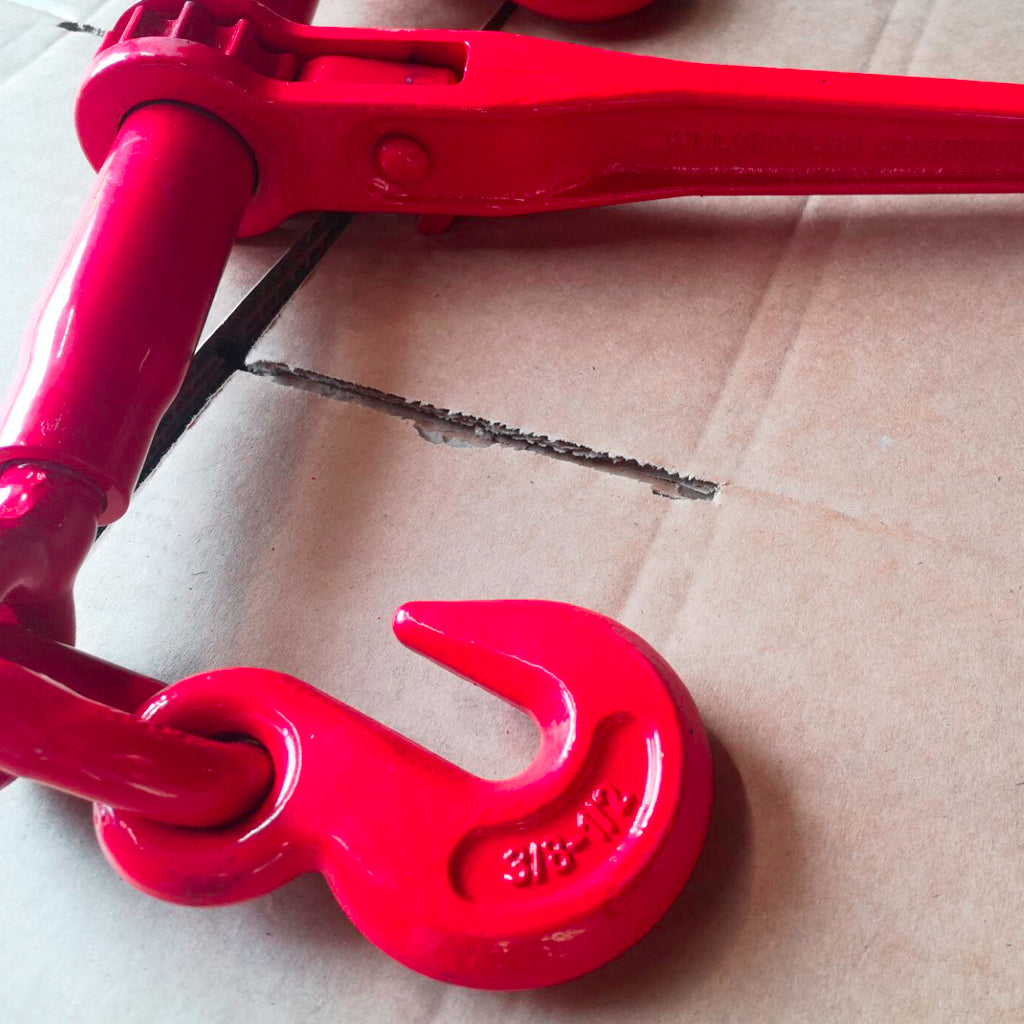 Heavy-duty Ratchet Chain Binder 3/8 - 1/2" with forged steel handle and powder coat finish, designed for secure cargo tie-downs.