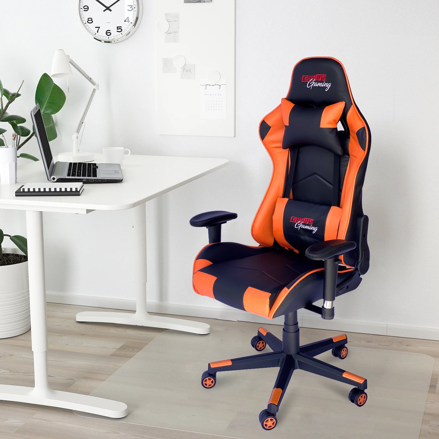 RAYDUS Gaming Racer Chair in vibrant orange color, featuring high backrest, adjustable armrests, and ergonomic design for ultimate comfort.