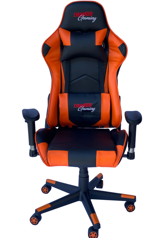 RAYDUS Gaming Racer Chair in vibrant orange color, featuring high backrest, adjustable armrests, and ergonomic design for ultimate comfort.