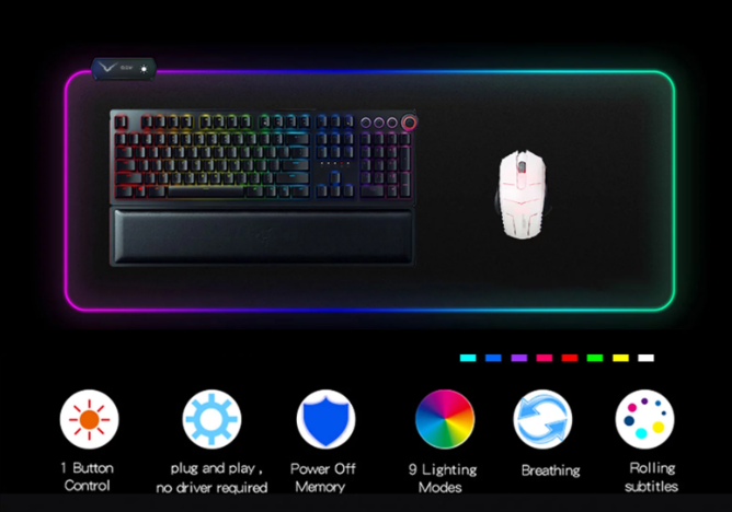 RBG Lightning Mode Extra Large Gaming Mousepad with vibrant RGB lighting and 14 modes, showcasing its sleek design and spacious surface.