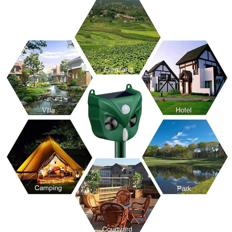 RC546 Outdoor Smart Solar Animal Ultrasonic Repeller with solar panel and LED light, designed for effective animal deterrence.