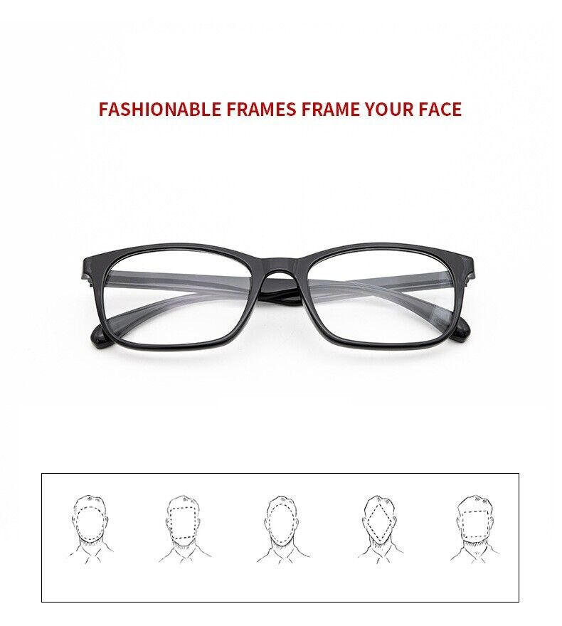 An assortment of eight pairs of unisex reading glasses in various styles, featuring lightweight plastic frames and clear lenses, suitable for men and women.