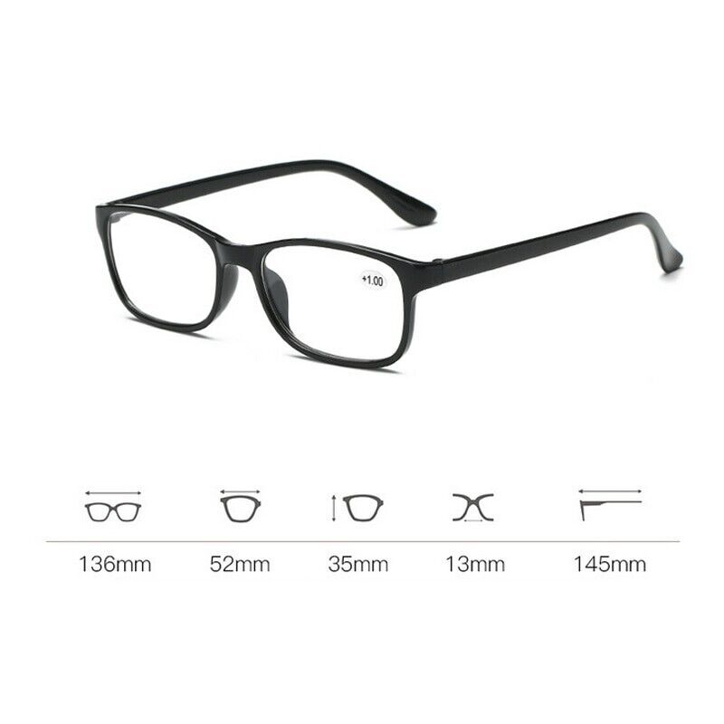 An assortment of eight pairs of unisex reading glasses in various styles, featuring lightweight plastic frames and clear lenses, suitable for men and women.