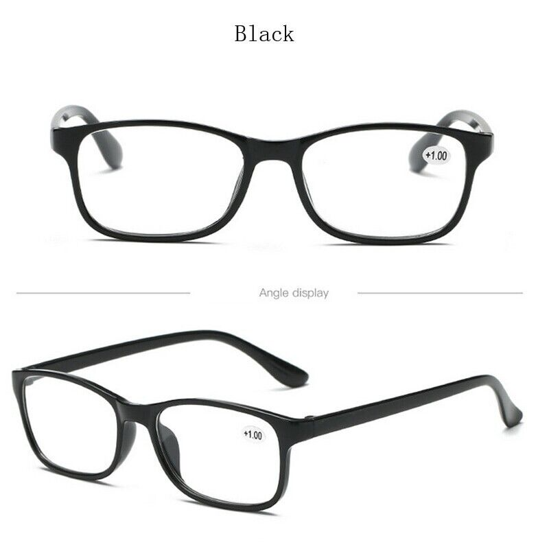 An assortment of eight pairs of unisex reading glasses in various styles, featuring lightweight plastic frames and clear lenses, suitable for men and women.