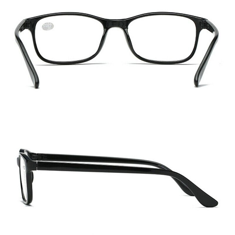 An assortment of eight pairs of unisex reading glasses in various styles, featuring lightweight plastic frames and clear lenses, suitable for men and women.