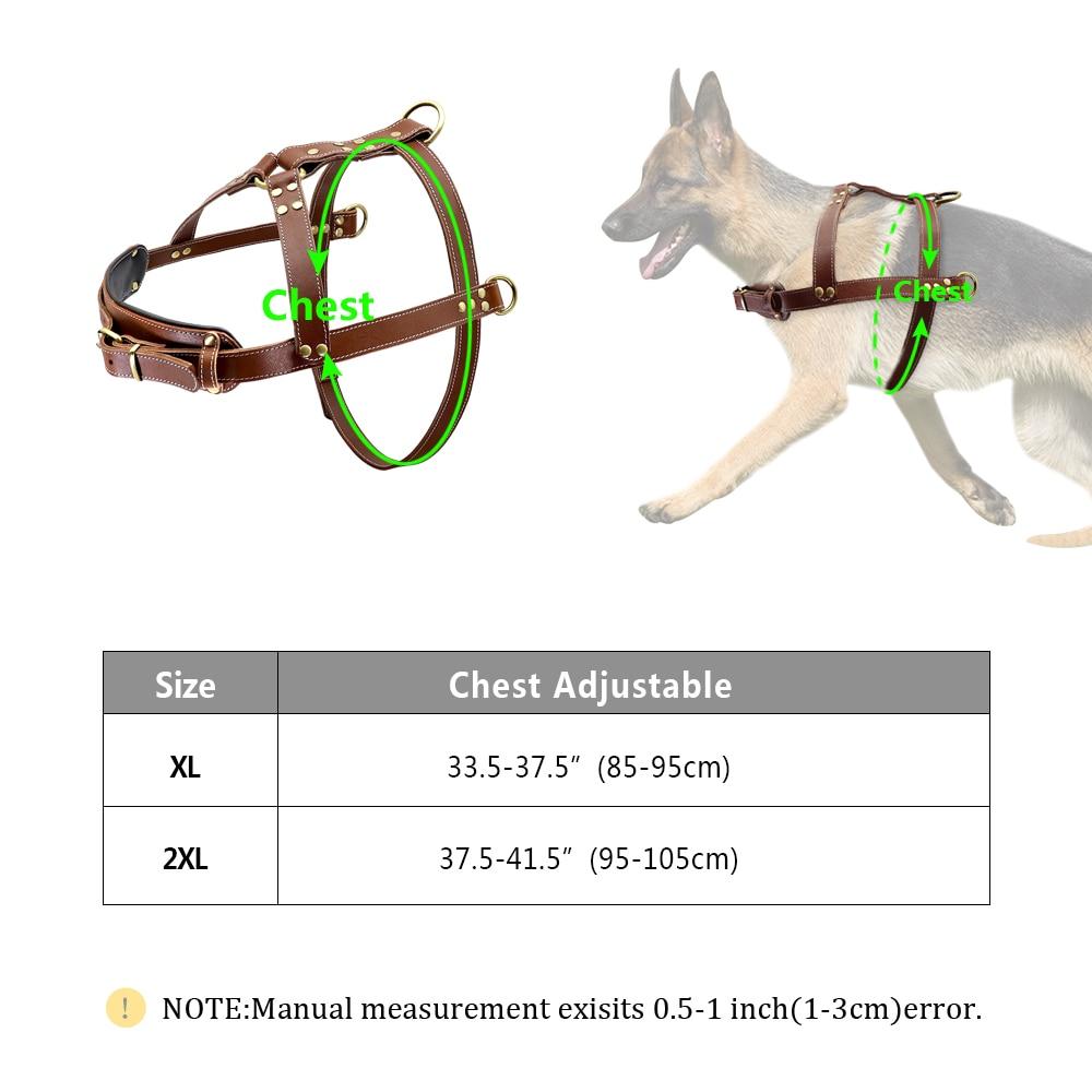 Real leather dog harness designed for large breeds, featuring adjustable straps and a strong construction for training and play.