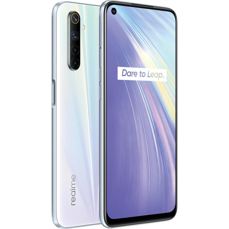 realme 6 Comet White smartphone showcasing its 6.5-inch display and 64MP AI Quad camera.