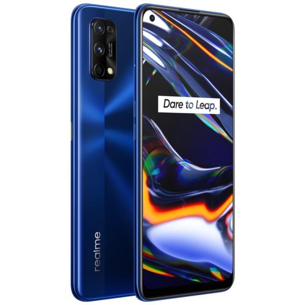 REALME 7 Pro smartphone in Mirror Blue color showcasing its sleek design and 6.4' AMOLED display.