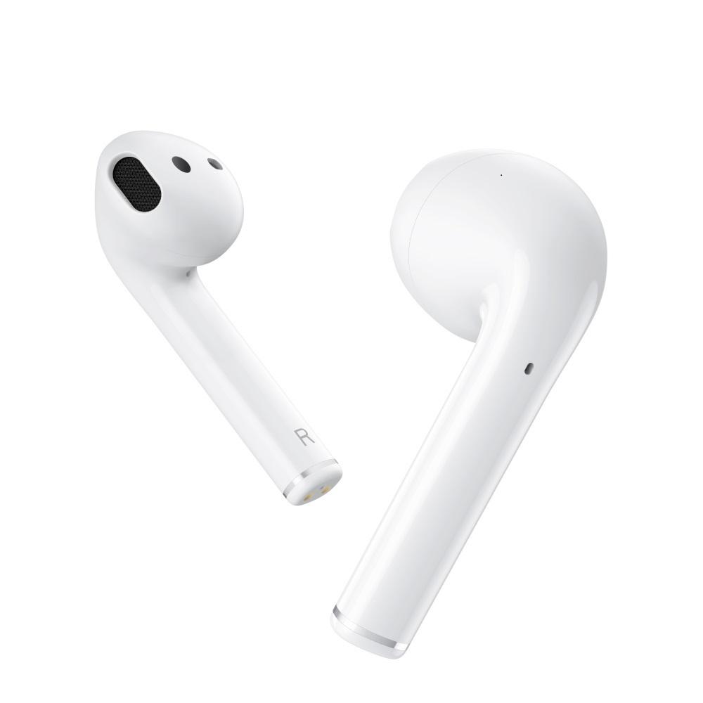 REALME Buds Air White wireless earbuds with sleek design and charging case, showcasing dual mic and dynamic bass features.