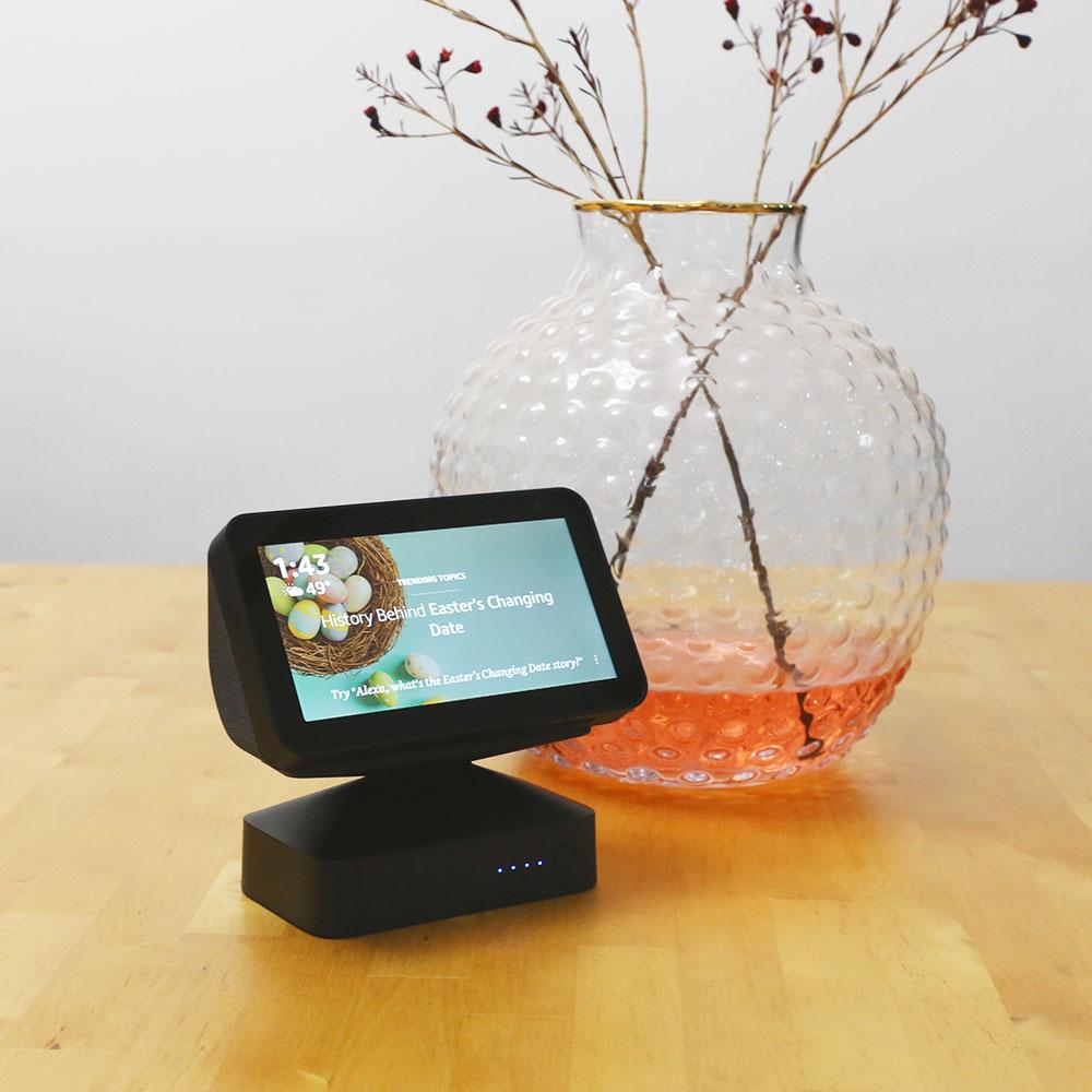 Rechargeable battery base for Amazon Echo Show 5, featuring a sleek design and angle-adjustable stand for portable use.