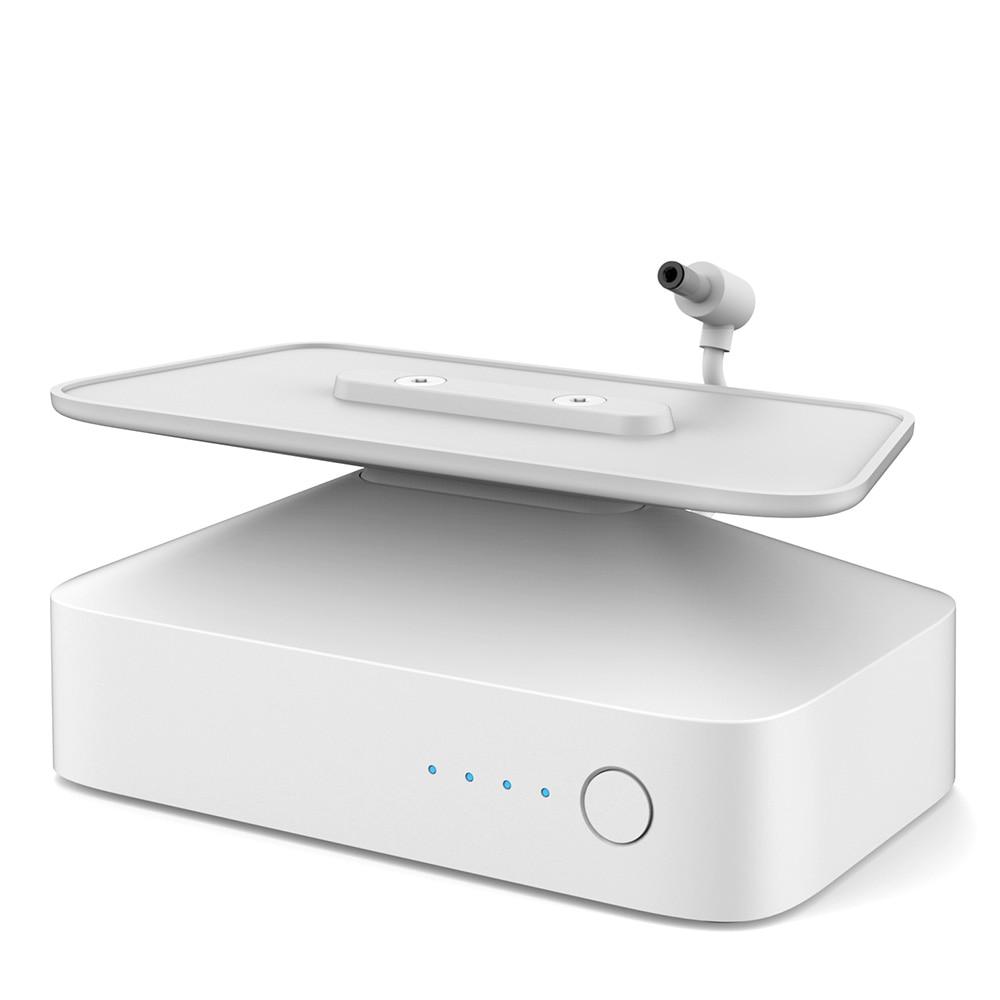 Rechargeable battery base for Amazon Echo Show 5, featuring a sleek design and angle-adjustable stand for portable use.