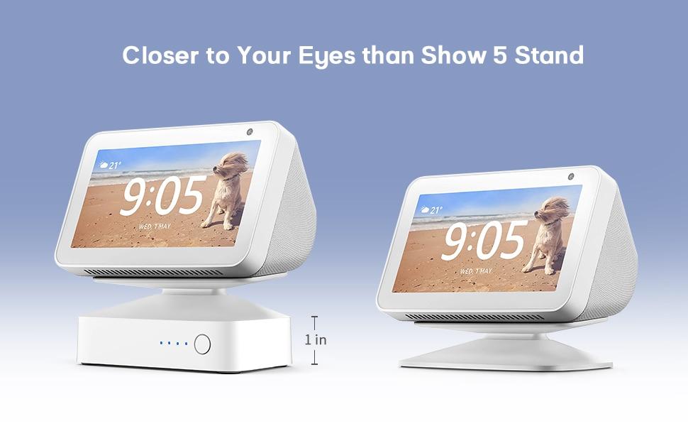 Rechargeable battery base for Amazon Echo Show 5, featuring a sleek design and angle-adjustable stand for portable use.