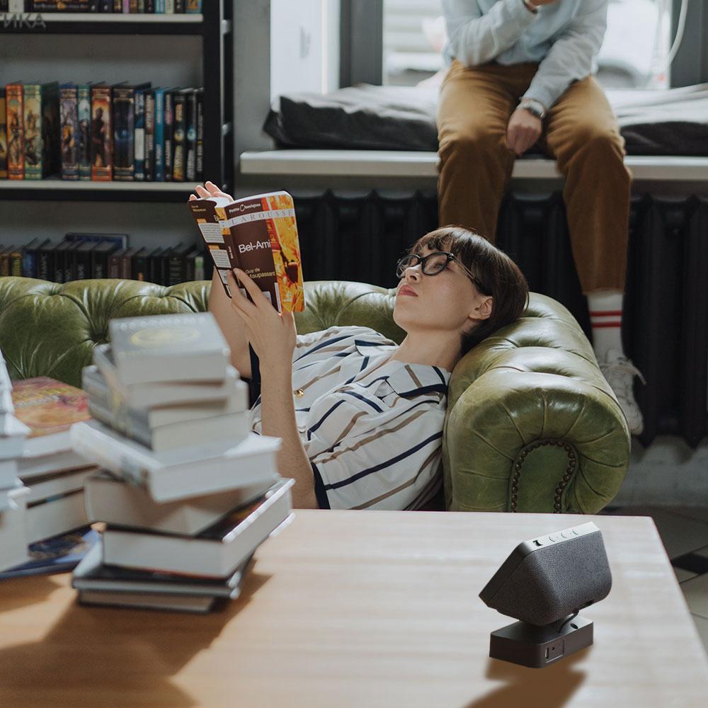 Rechargeable battery base for Amazon Echo Show 5, featuring a sleek design and angle-adjustable stand for portable use.