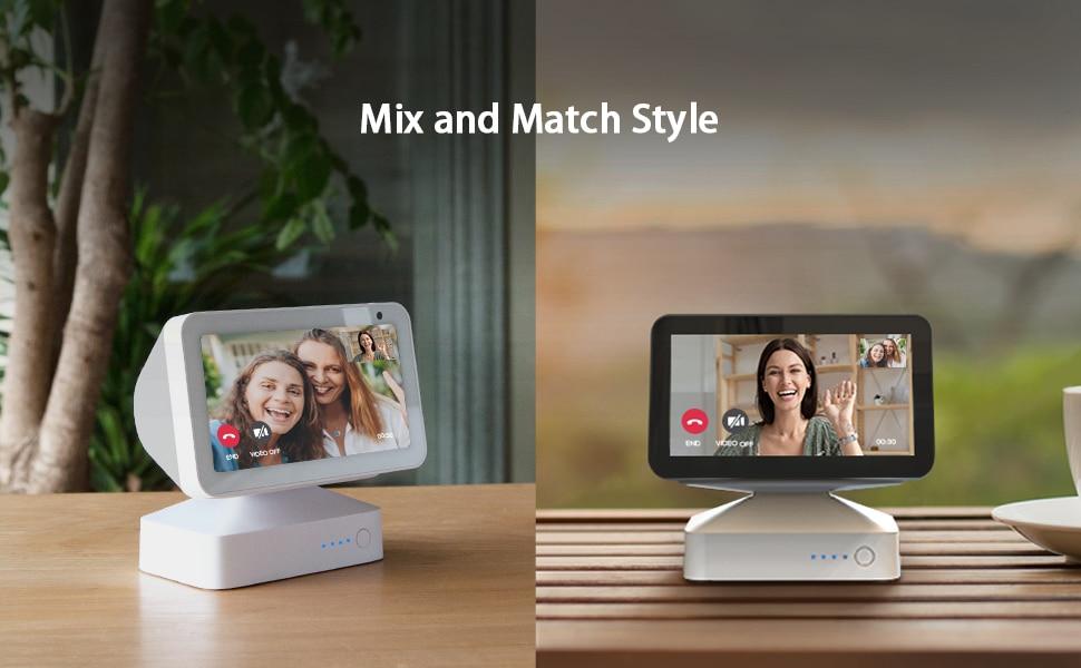 Rechargeable battery base for Amazon Echo Show 5, featuring a sleek design and angle-adjustable stand for portable use.