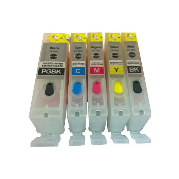 Refillable PGI-650 CLi-651 ink cartridges with Auto Reset Chip, showcasing vibrant colors and easy refill design.