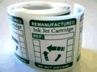 Glossy universal labels for refilled cartridges, showcasing a roll of 100 labels designed for tracking refill dates and counts.