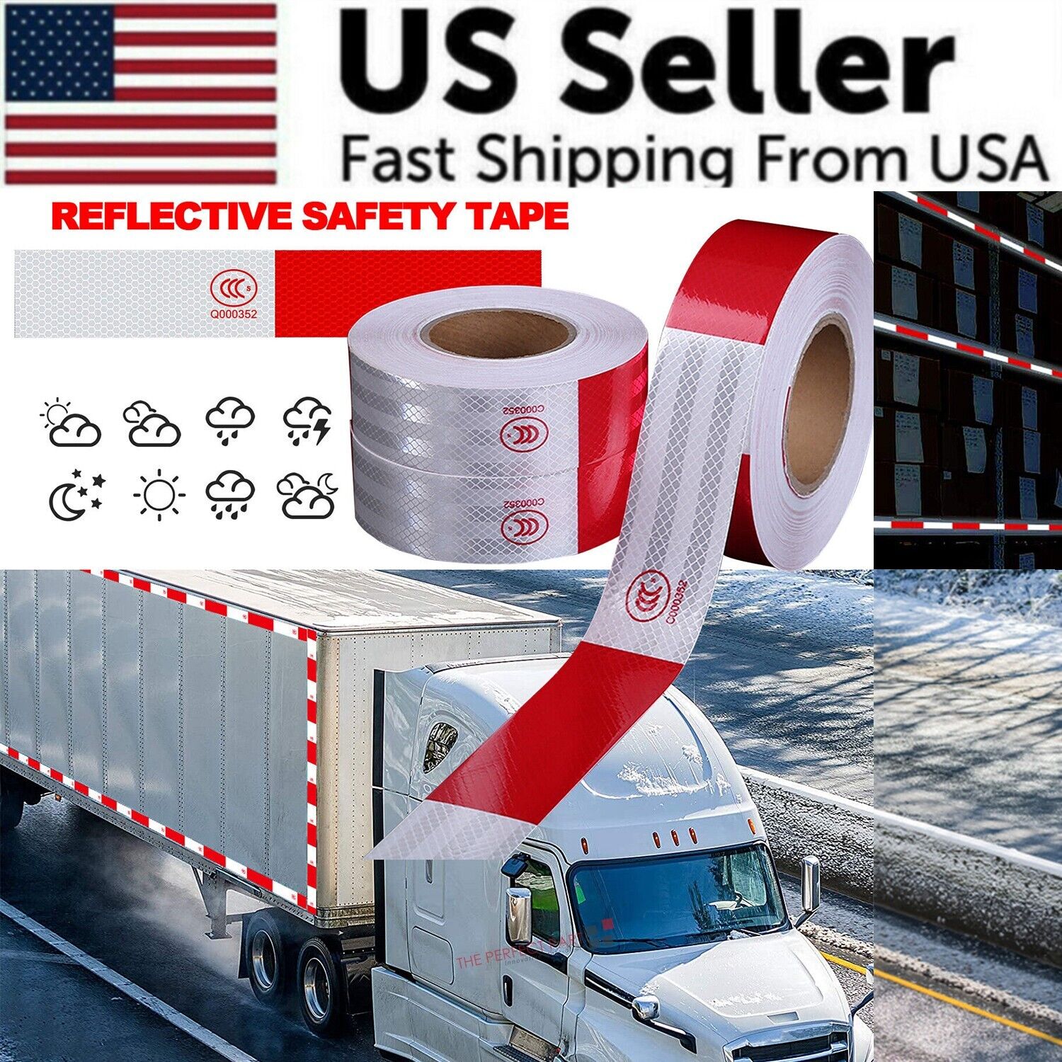 Reflective trailer safety tape in red and white, designed for high visibility on vehicles and trailers.