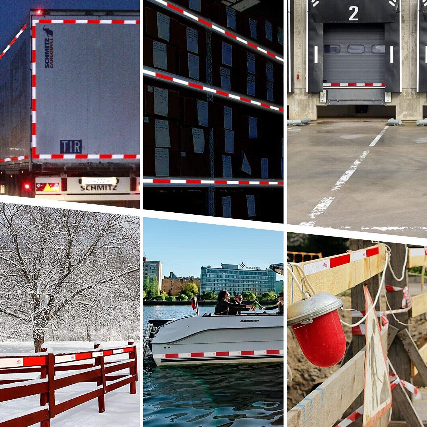 Reflective trailer safety tape in red and white, designed for high visibility on vehicles and trailers.