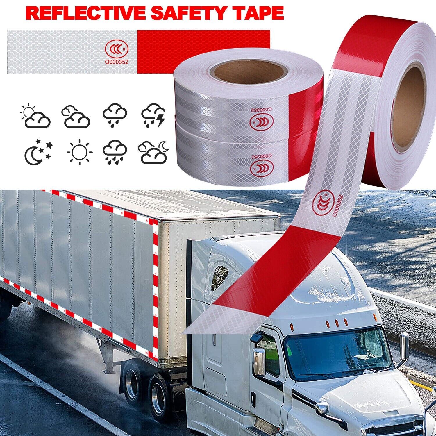 Reflective trailer safety tape in red and white, designed for high visibility on vehicles and trailers.