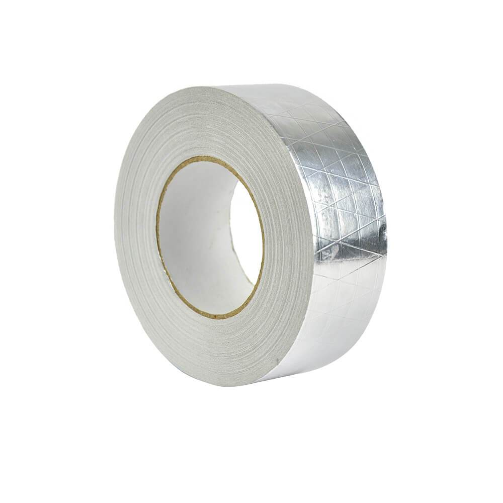Reinforced Aluminium Foil Tape, 50mm wide, ideal for insulation and heating ducts, showcasing its strong adhesive backing and reflective surface.