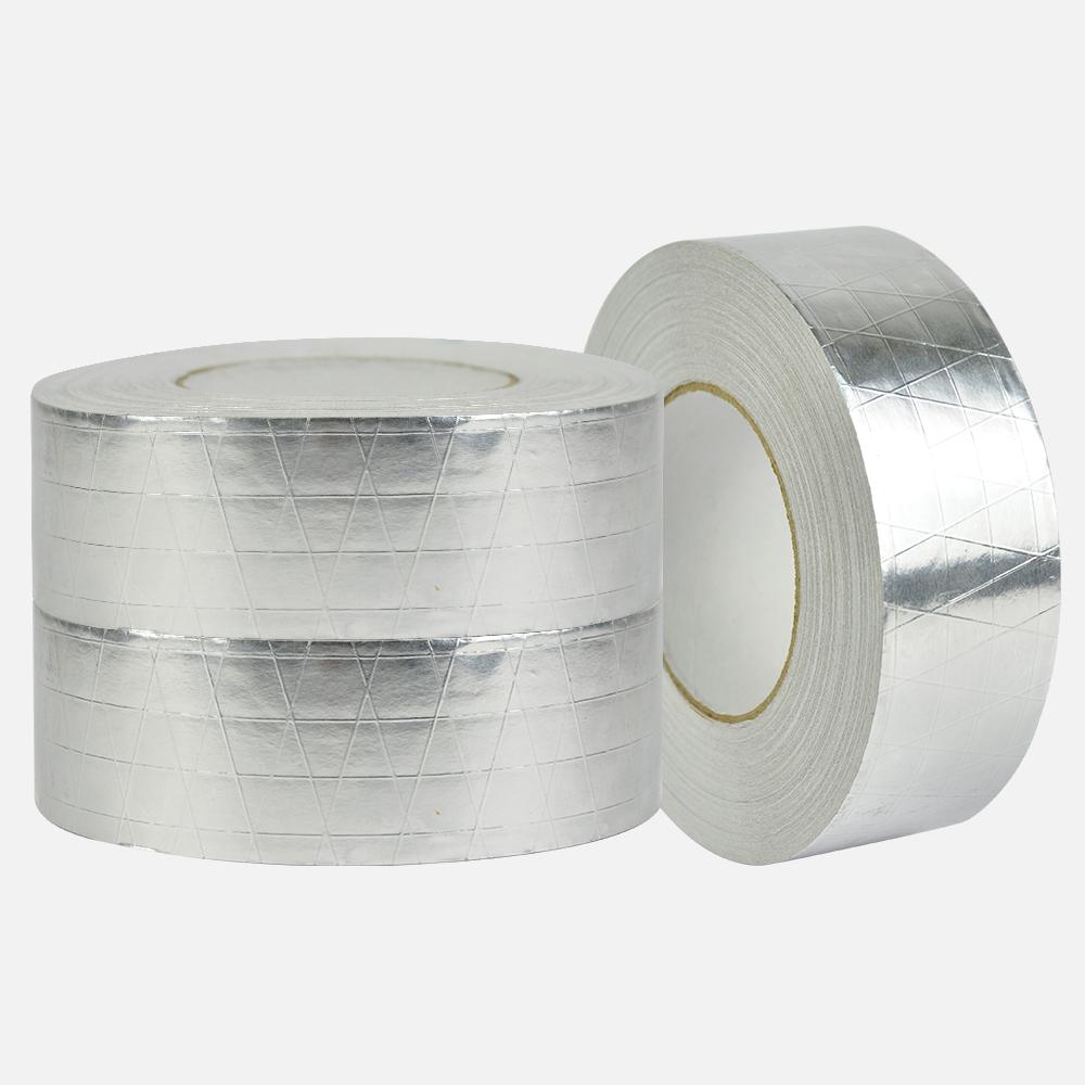 Reinforced Aluminium Foil Tape, 50mm wide, ideal for insulation and heating ducts, showcasing its strong adhesive backing and reflective surface.