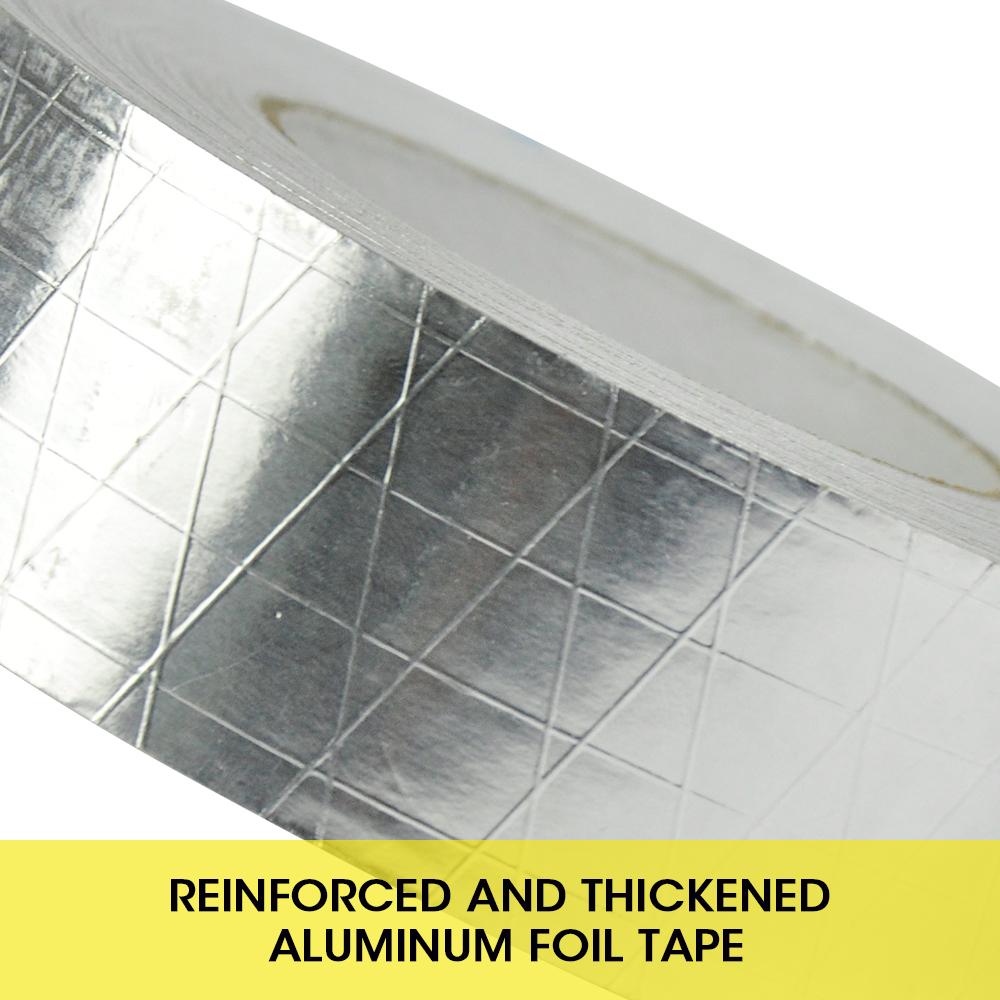 Reinforced Aluminium Foil Tape, 50mm wide, ideal for insulation and heating ducts, showcasing its strong adhesive backing and reflective surface.
