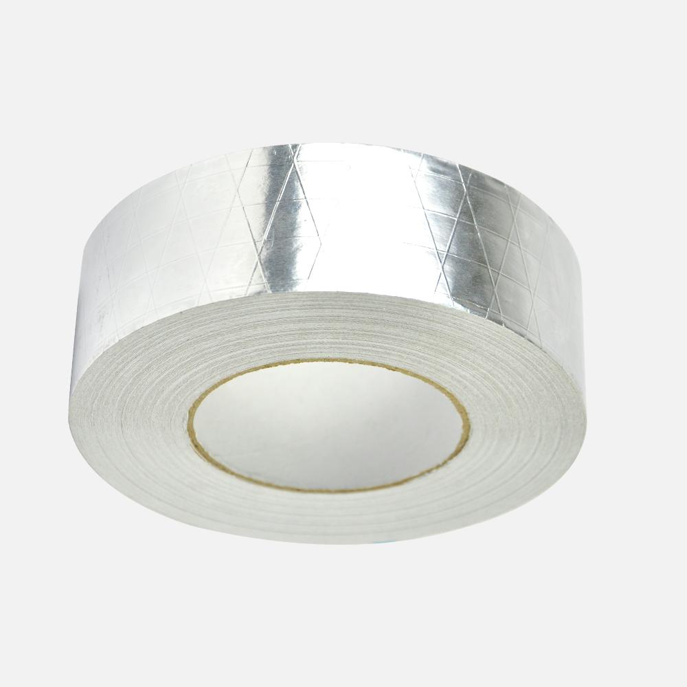 Reinforced Aluminium Foil Tape, 50mm wide, ideal for insulation and heating ducts, showcasing its strong adhesive backing and reflective surface.