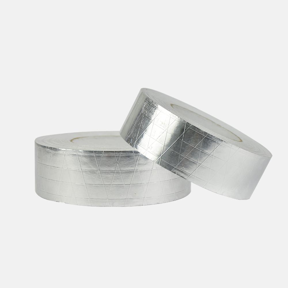 Reinforced Aluminium Foil Tape, 50mm wide, ideal for insulation and heating ducts, showcasing its strong adhesive backing and reflective surface.