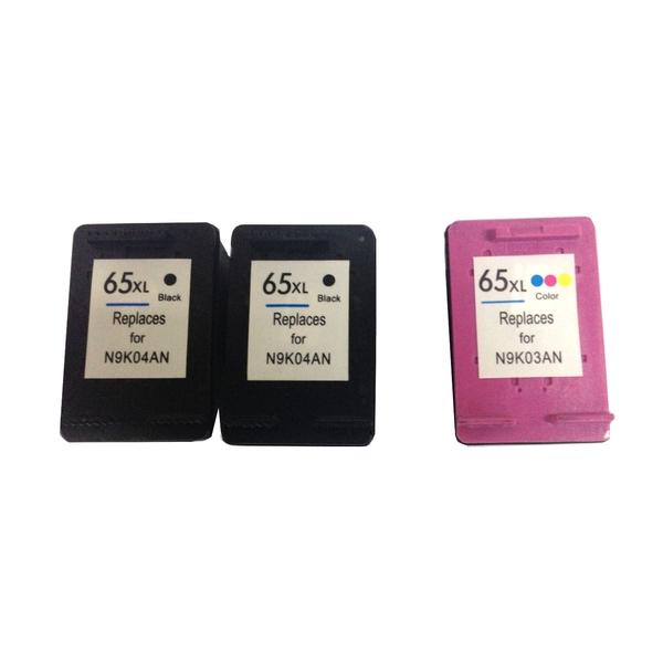 Remanufactured Value Pack containing 2 HP65XL Black cartridges and 1 HP65XL Colour cartridge, ideal for HP Deskjet printers.